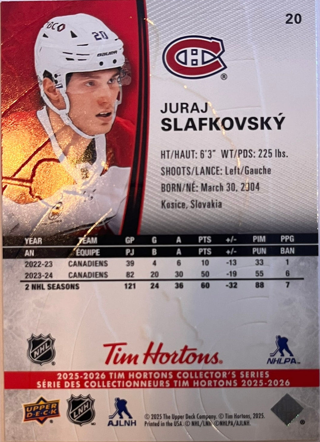 2025 - 2026 Tim Hortons Collector's Series Base #020 - Juraj Slafkovsky