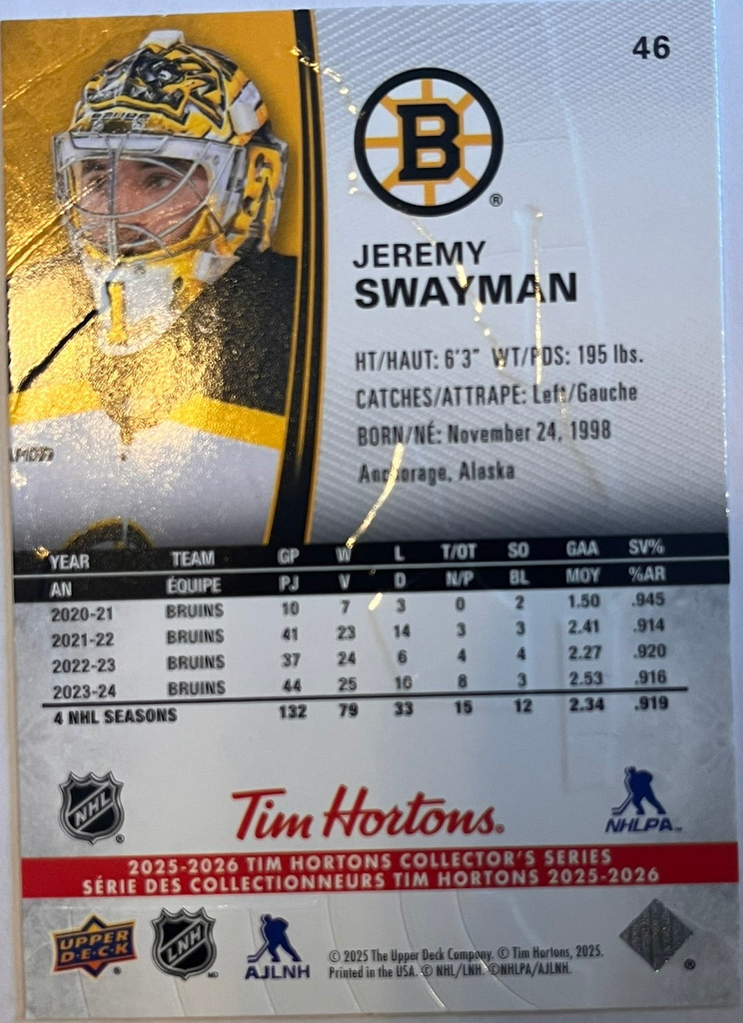 2025 - 2026 Tim Hortons Collector's Series Base #046 - Jeremy Swayman