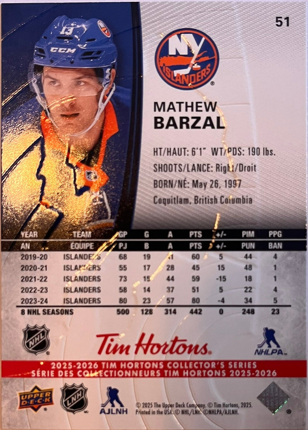 2025 - 2026 Tim Hortons Collector's Series Base #051 - Mathew Barzal