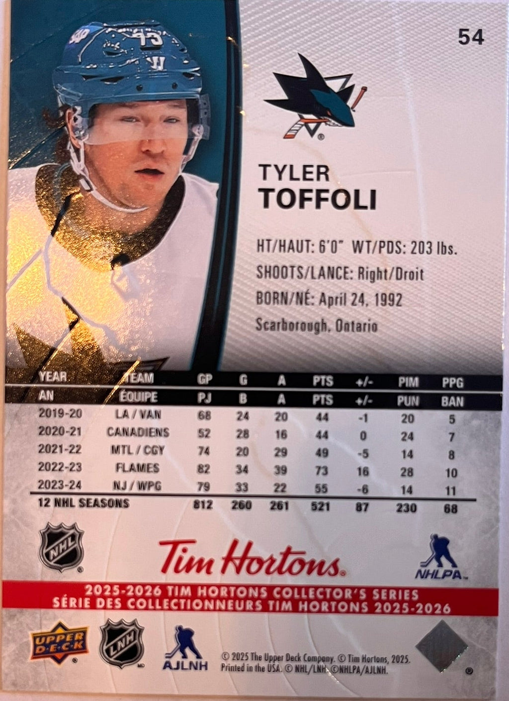 2025 - 2026 Tim Hortons Collector's Series Base #054- Tyler Toffoli