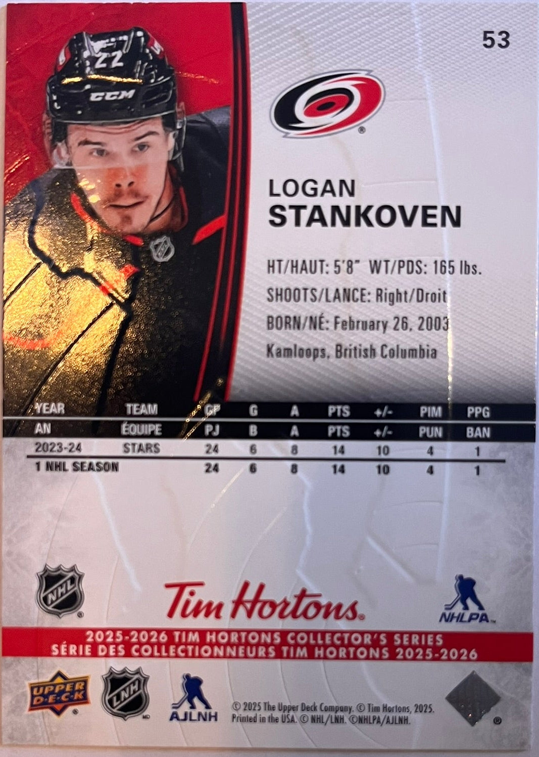 2025 - 2026 Tim Hortons Collector's Series Base #053 - Logan Stankoven