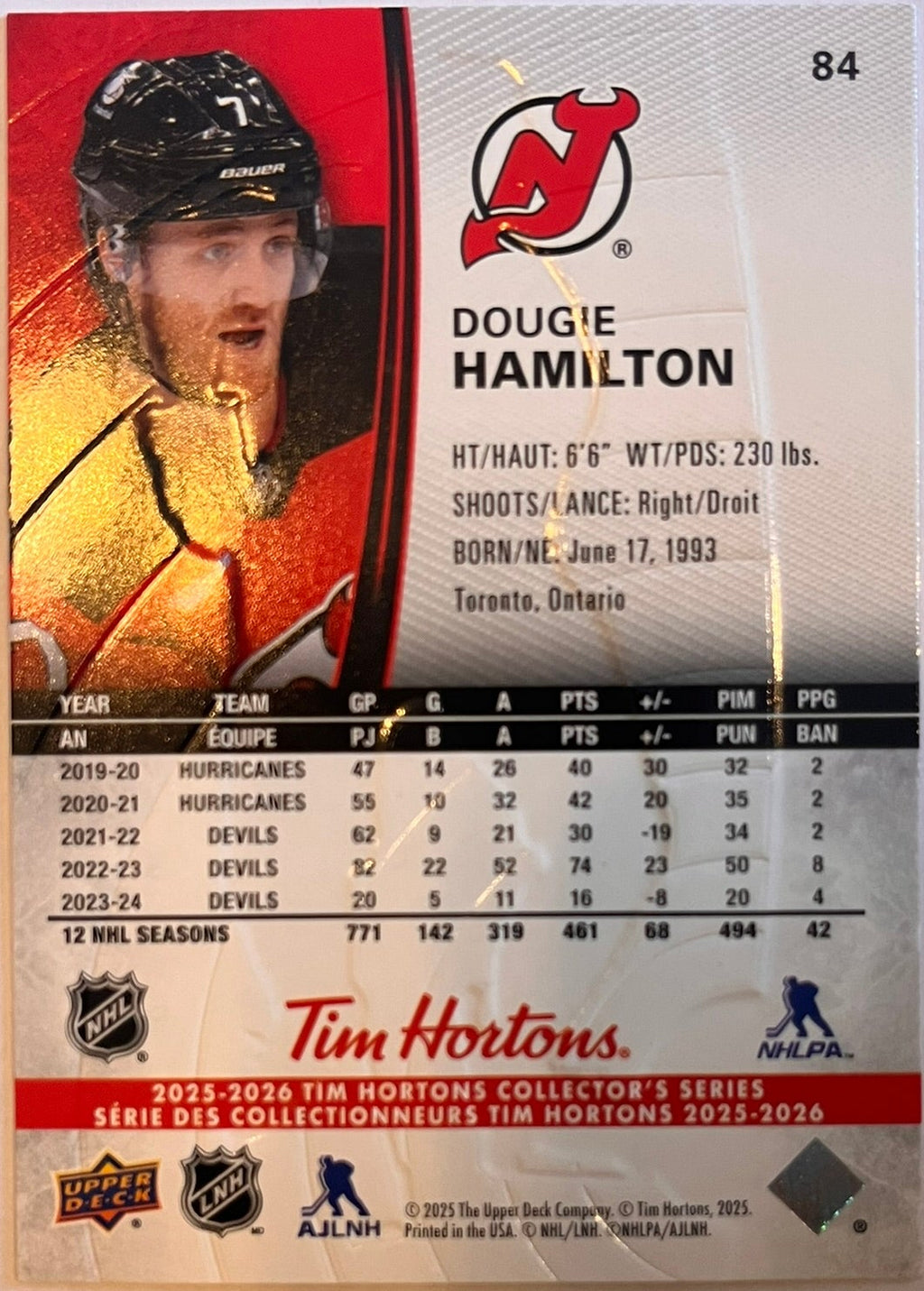 2025 - 2026 Tim Hortons Collector's Series Base #084 - Dougie Hamilton