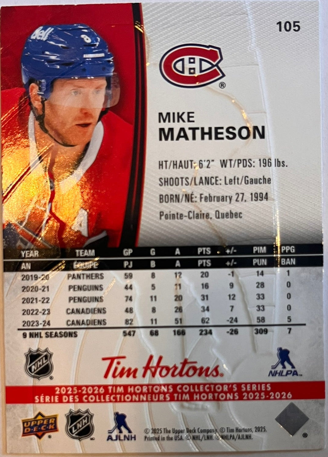 2025 - 2026 Tim Hortons Collector's Series Base #105 - Mike Matheson