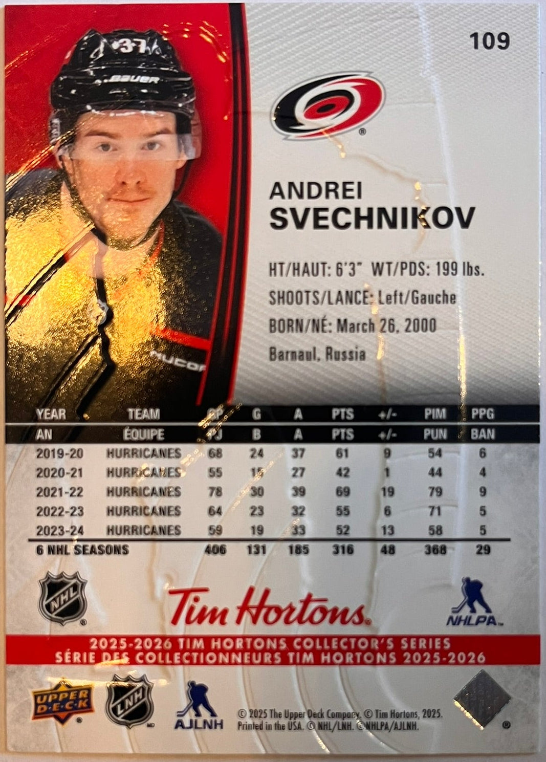 2025 - 2026 Tim Hortons Collector's Series Base #109 - Andrei Svechnikov
