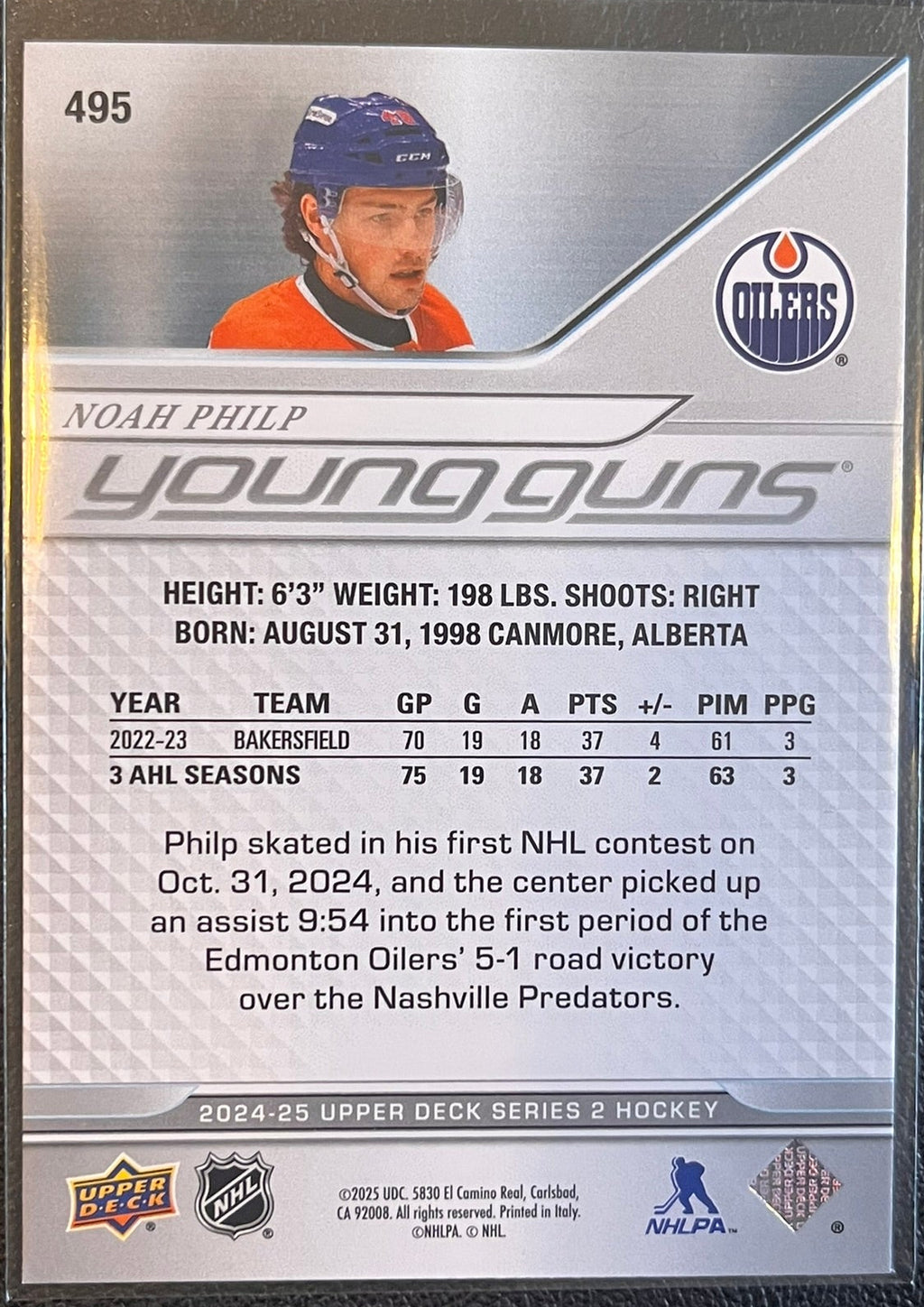 2024 - 2025 Upper Deck Series 2 - #495 - Noah Philp Young Guns