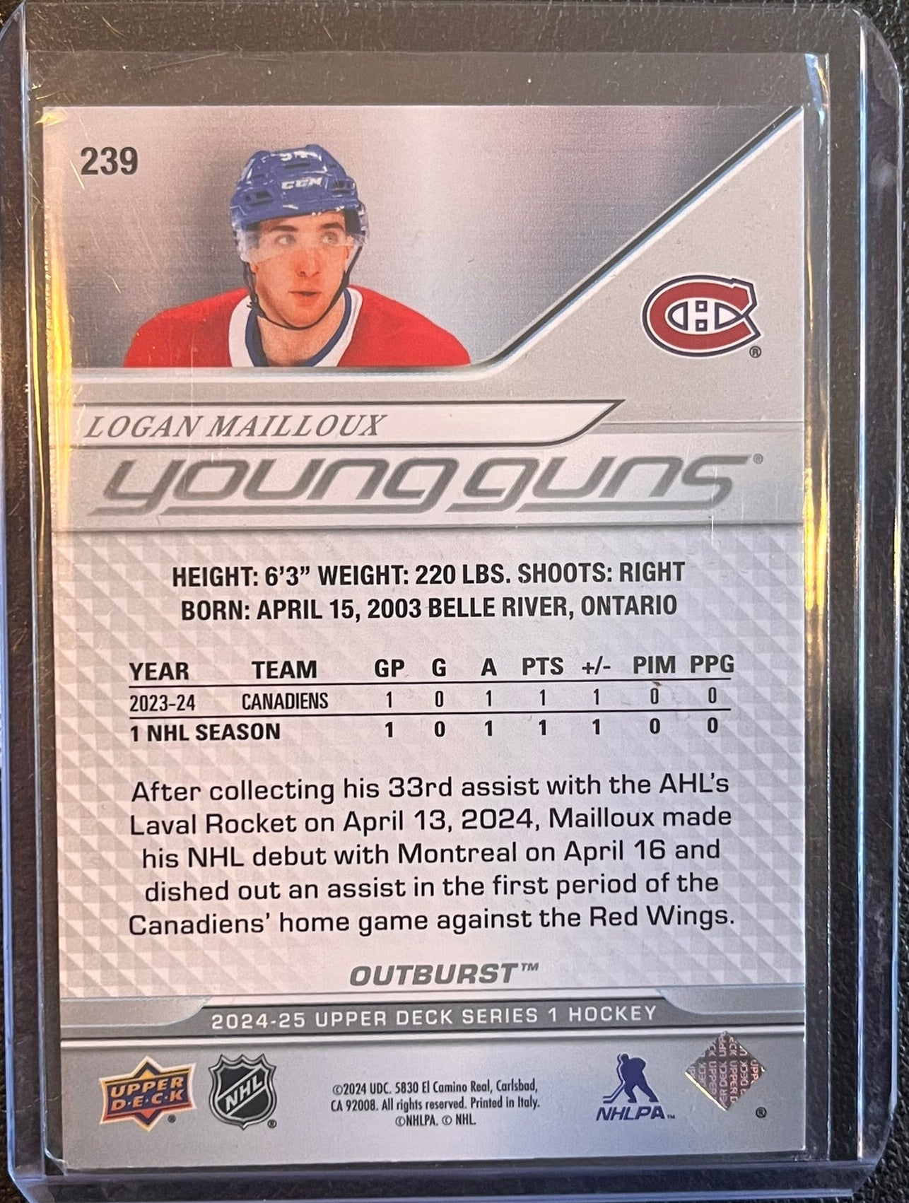 2023 - 2024 Upper Deck Series 1 - #239 Logan Mailloux Young Guns Outburst