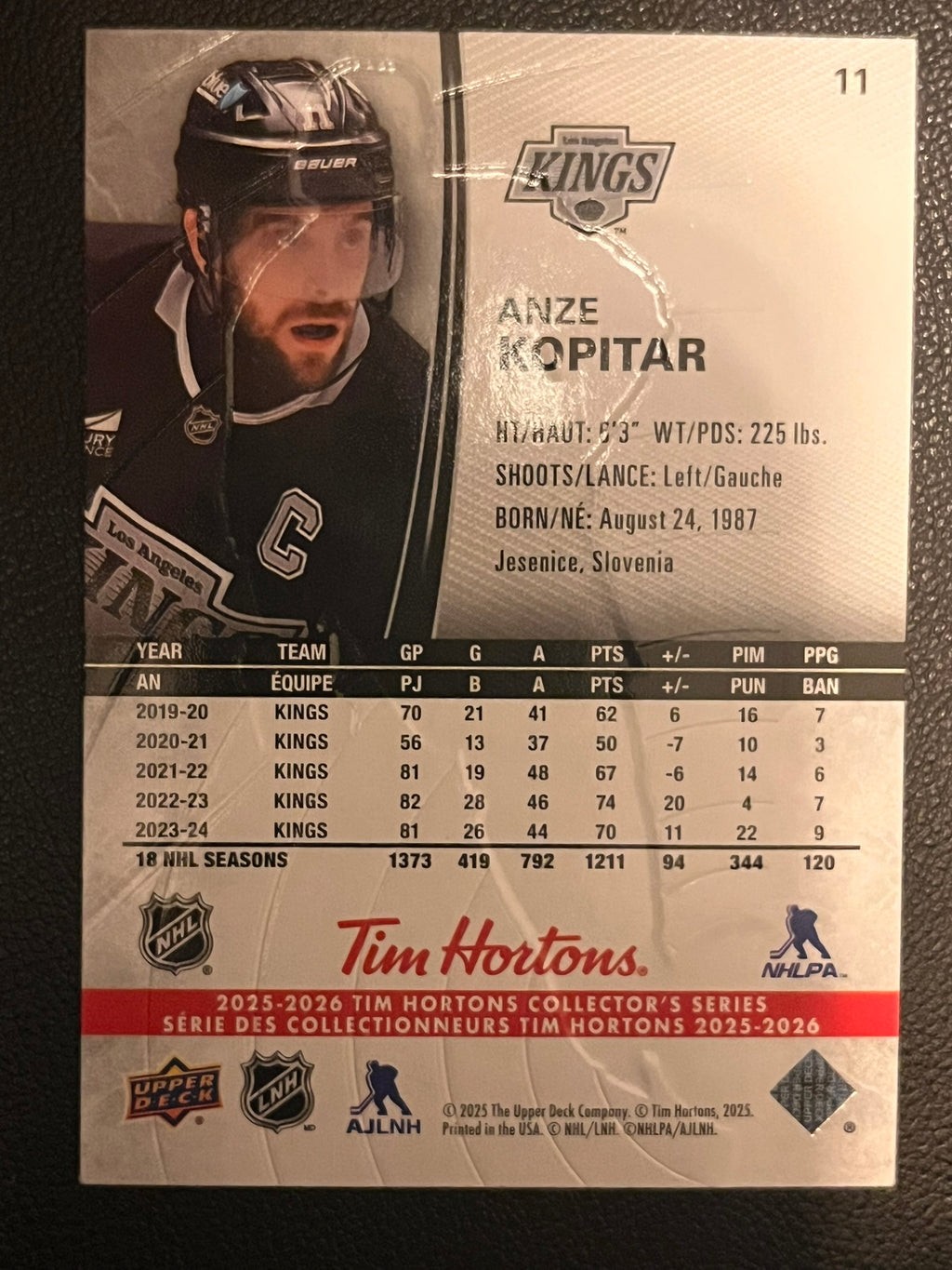 2025 - 2026 Tim Hortons Collector's Series Base #011 - Anze Kopitar