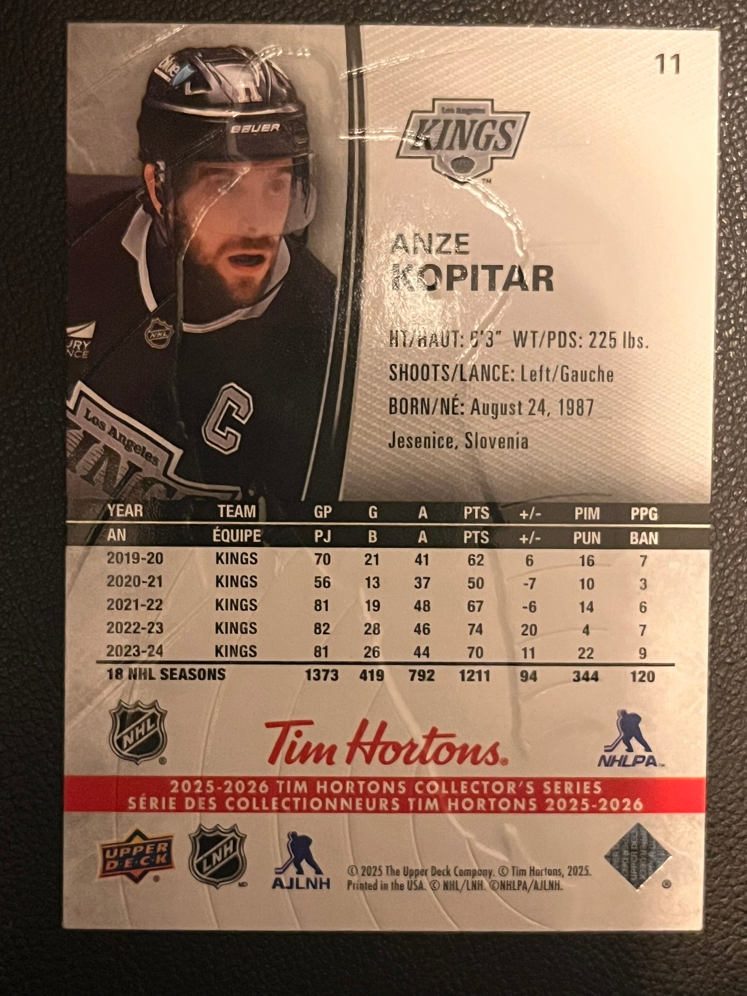 2025 - 2026 Tim Hortons Collector's Series Base #011 - Anze Kopitar