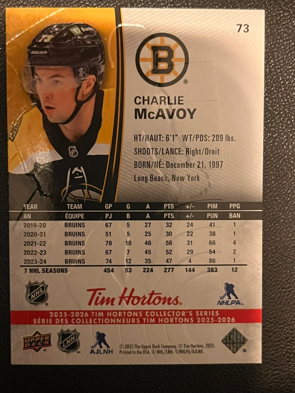 2025 - 2026 Tim Hortons Collector's Series Base #073 - Charlie McAvoy