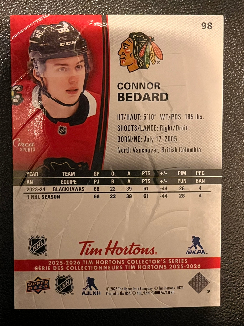 2025 - 2026 Tim Hortons Collector's Series Base #098 - Connor Bedard