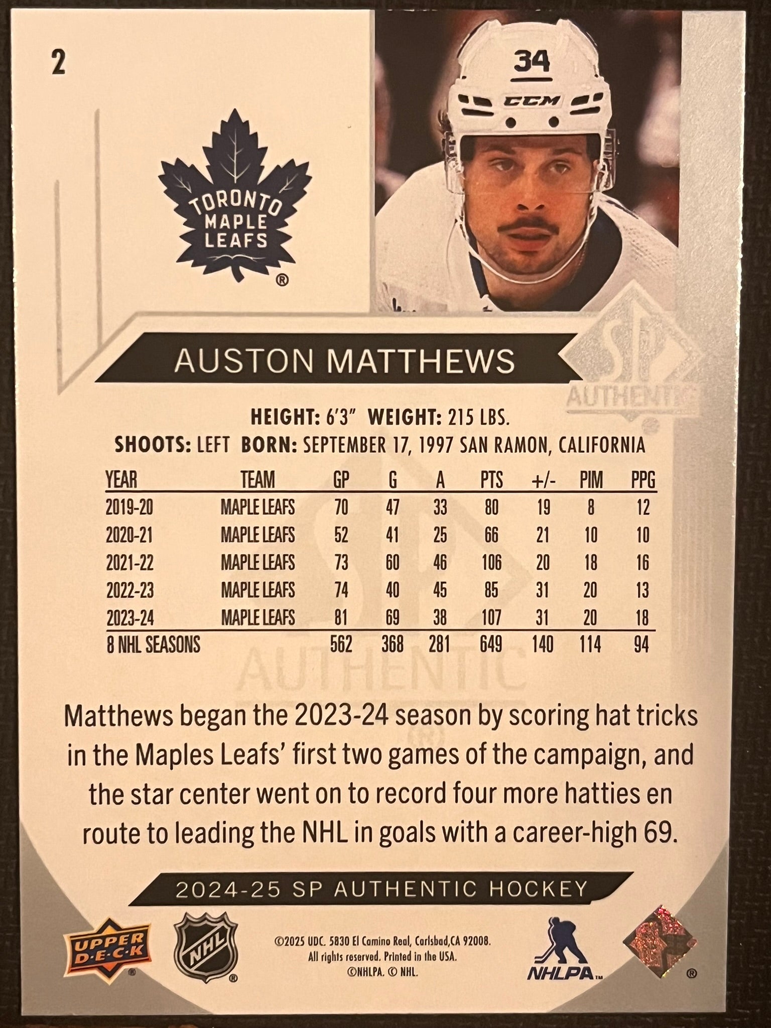2024 - 2025 SP Authentic Hockey #2 - Auston Matthews
