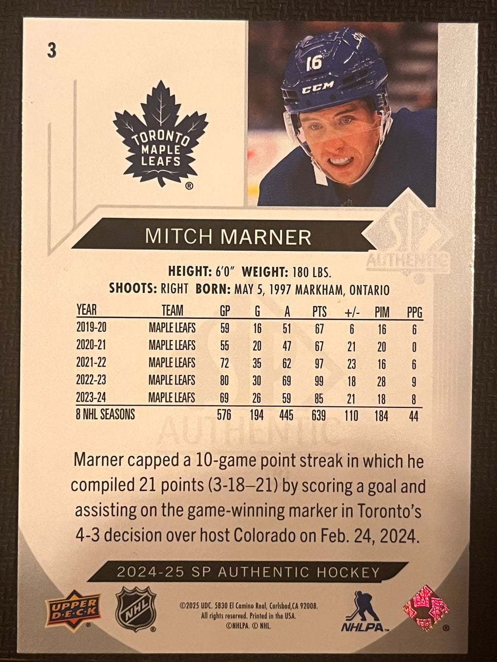 2024 - 2025 SP Authentic Hockey #3 - Mitch Marner