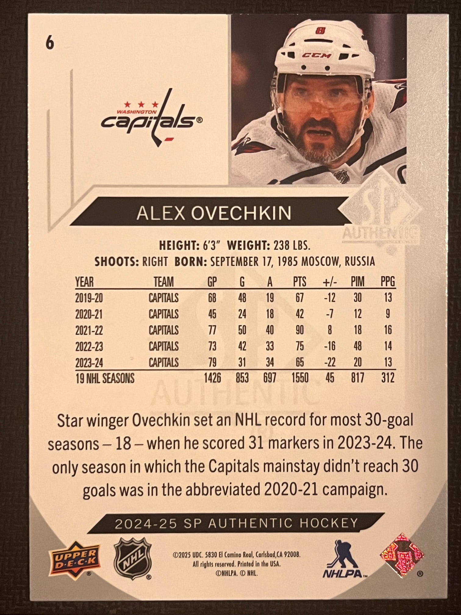 2024 - 2025 SP Authentic Hockey #6 - Alex Ovechkin
