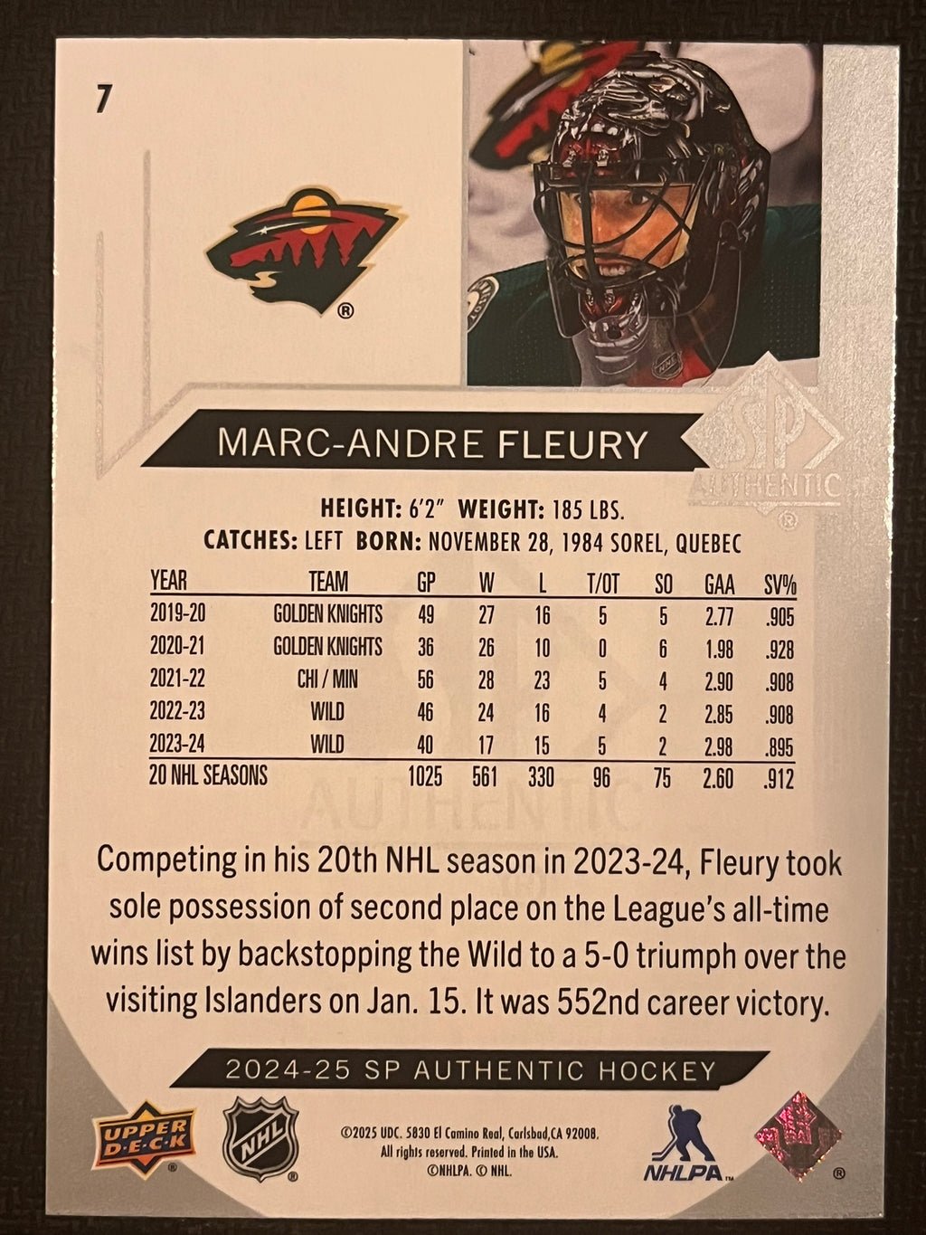 2024 - 2025 SP Authentic Hockey #7 - Marc-Andre Fleury