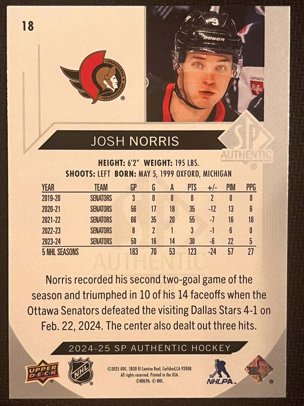 2024 - 2025 SP Authentic Hockey #18 - Josh Norris