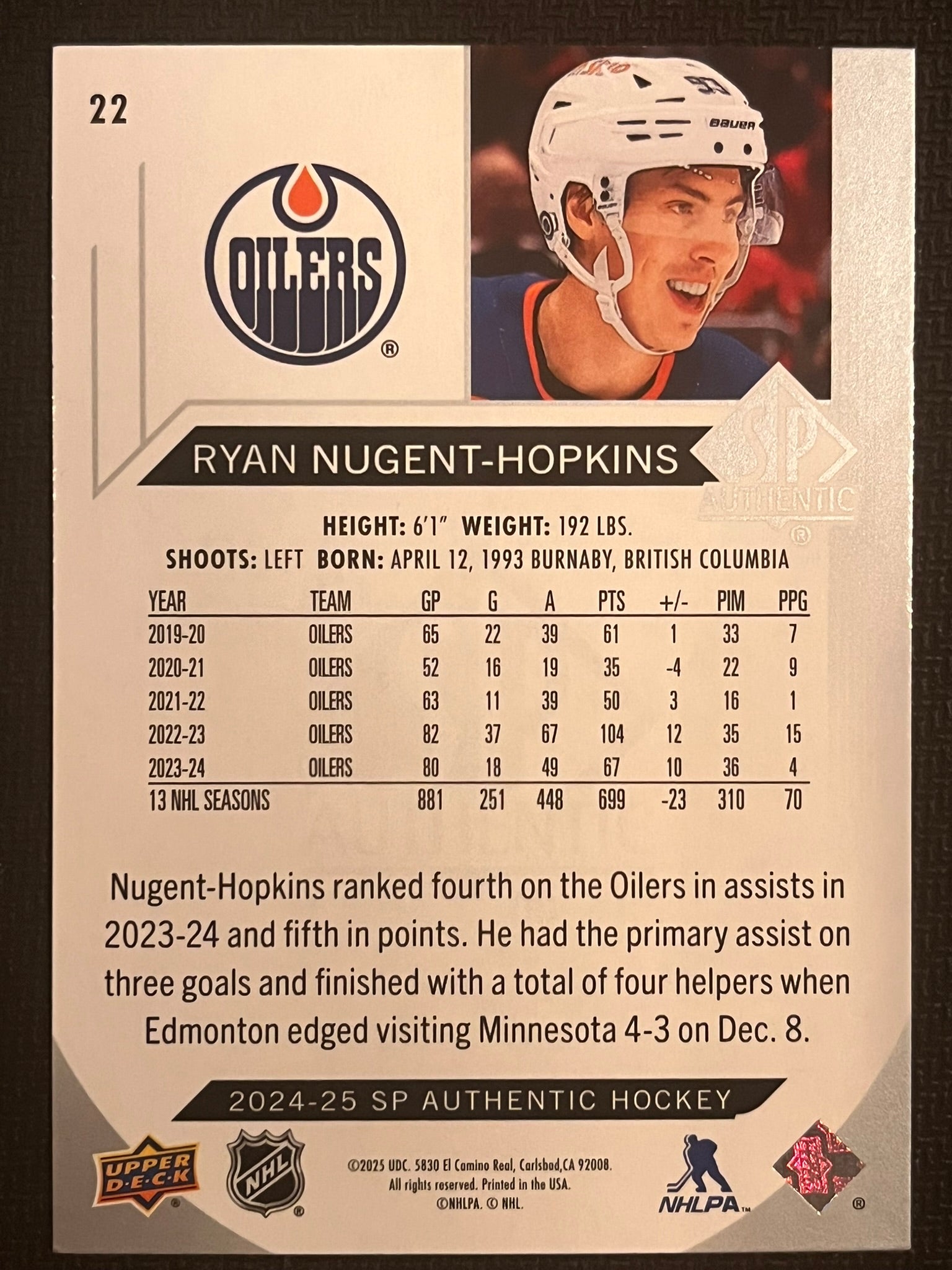 2024 - 2025 SP Authentic Hockey #22 - Ryan Nugent-Hopkins