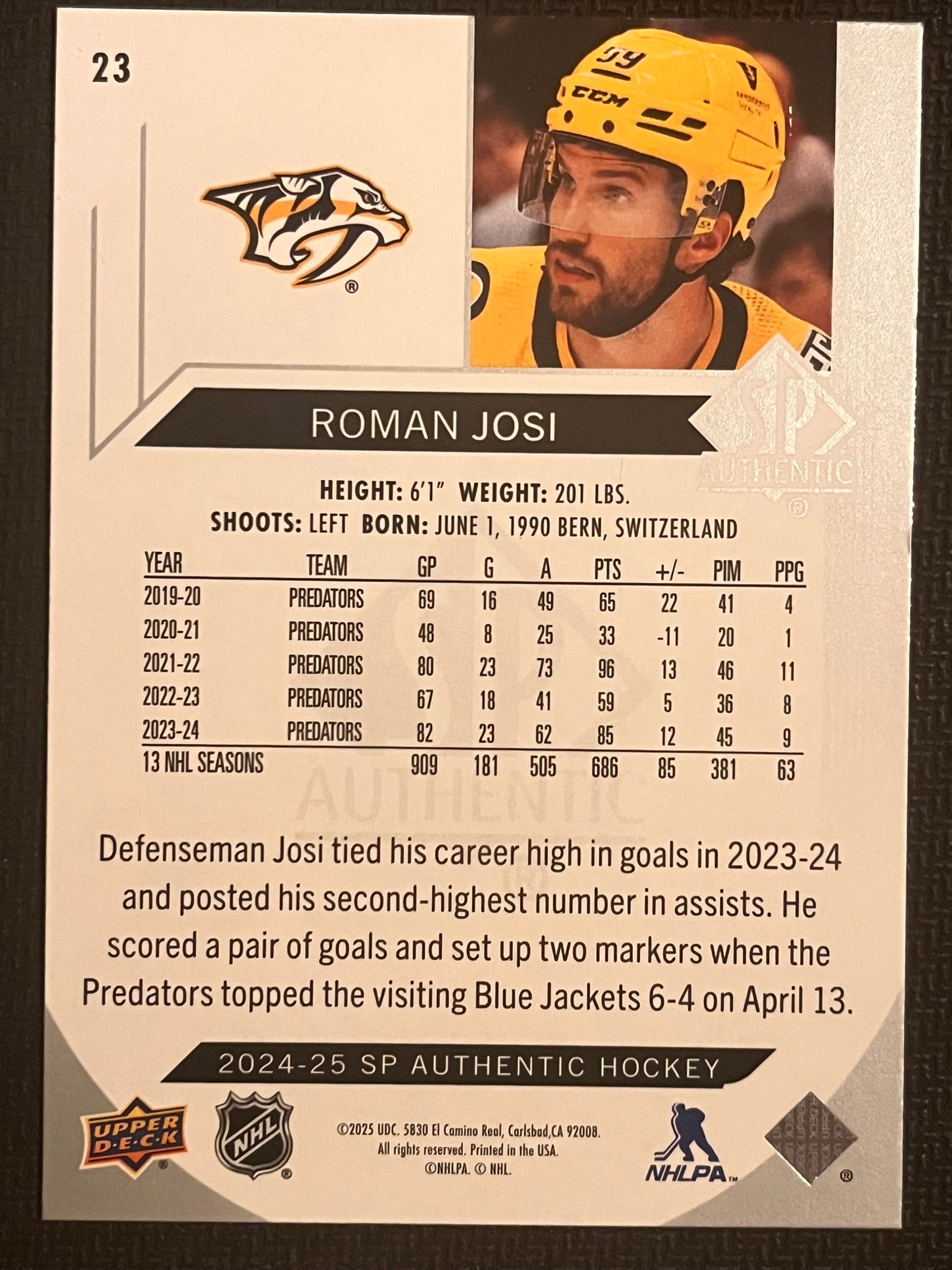 2024 - 2025 SP Authentic Hockey #23 - Roman Josi