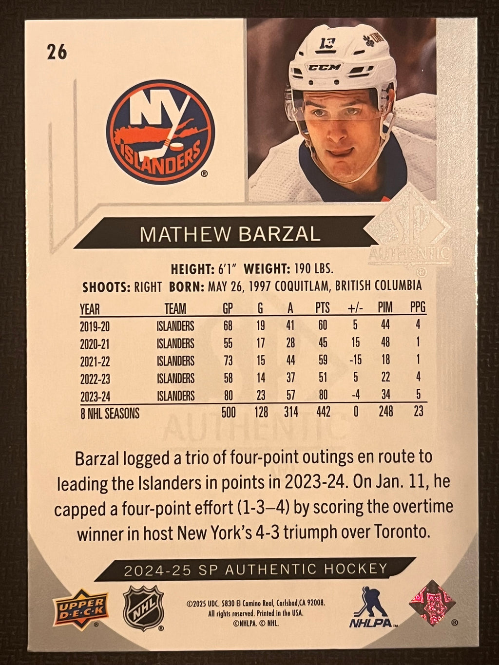 2024 - 2025 SP Authentic Hockey #26 - Mathew Barzal