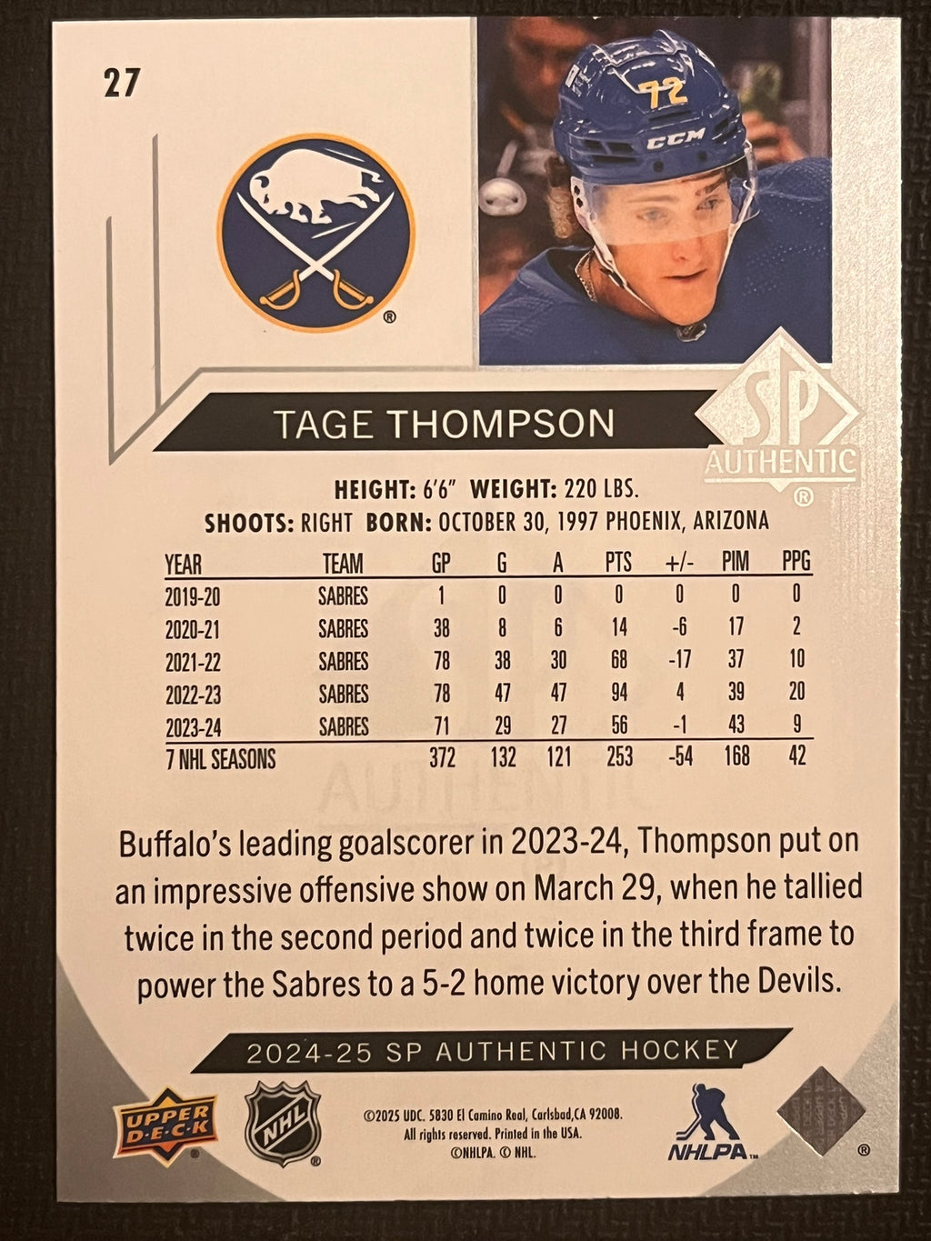 2024 - 2025 SP Authentic Hockey #27 - Tage Thompson