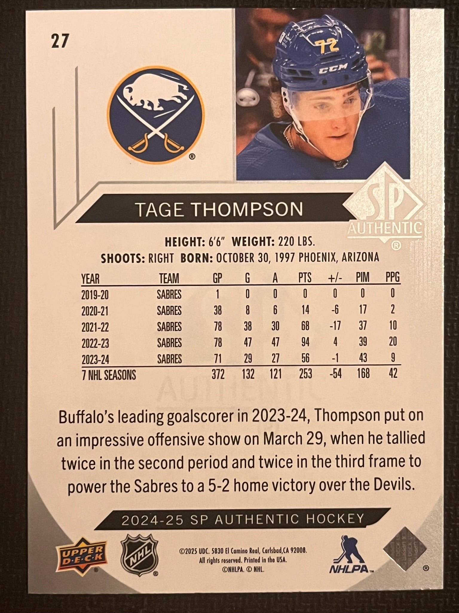 2024 - 2025 SP Authentic Hockey #27 - Tage Thompson