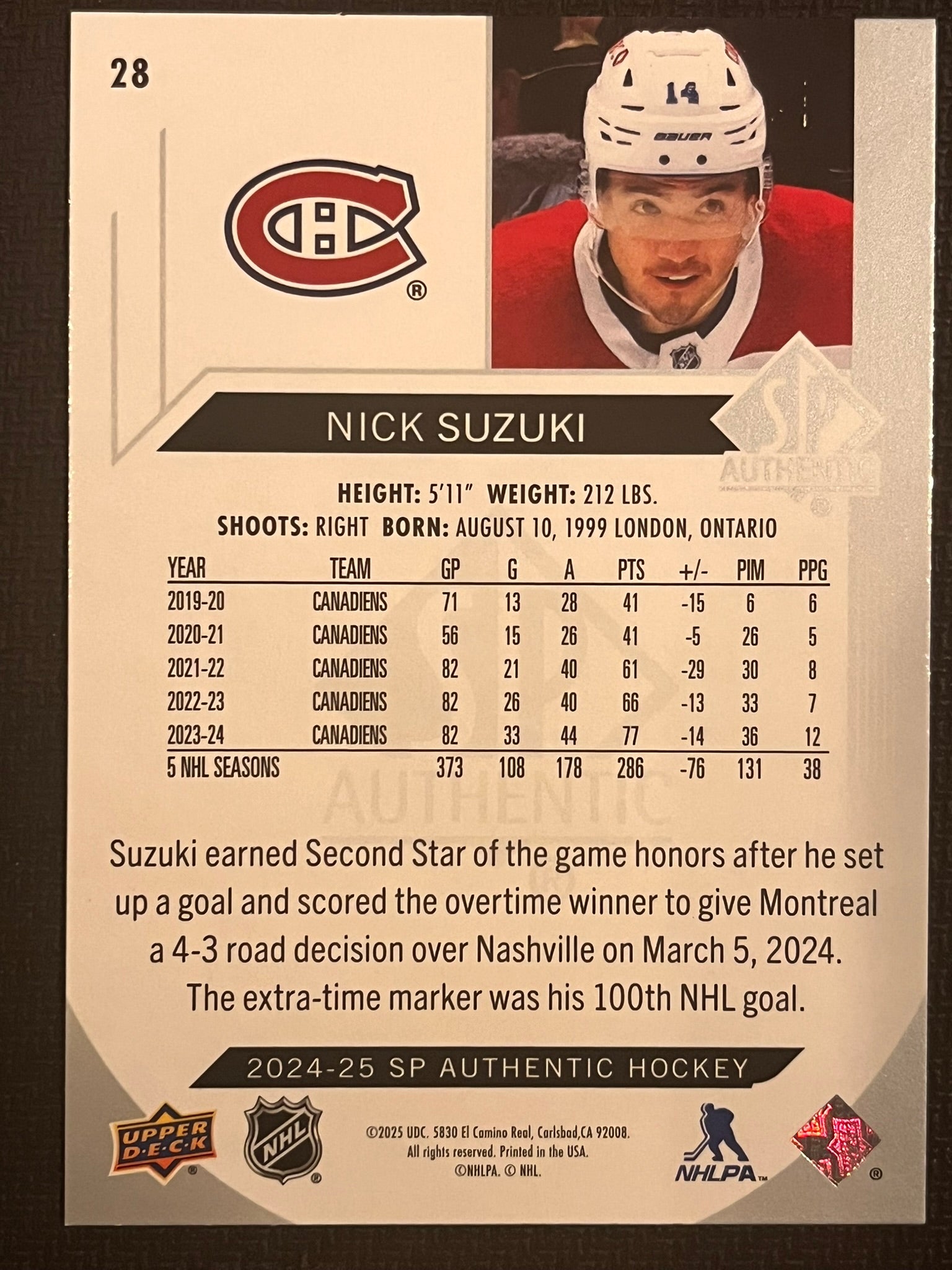 2024 - 2025 SP Authentic Hockey #28 - Nick Suzuki
