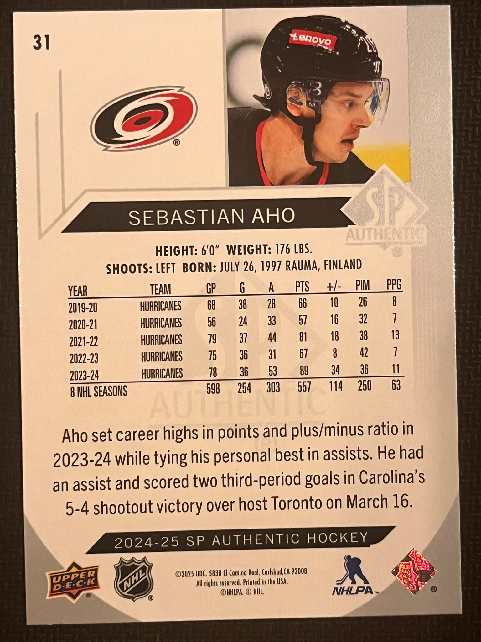 2024 - 2025 SP Authentic Hockey #31 - Sebastian Aho