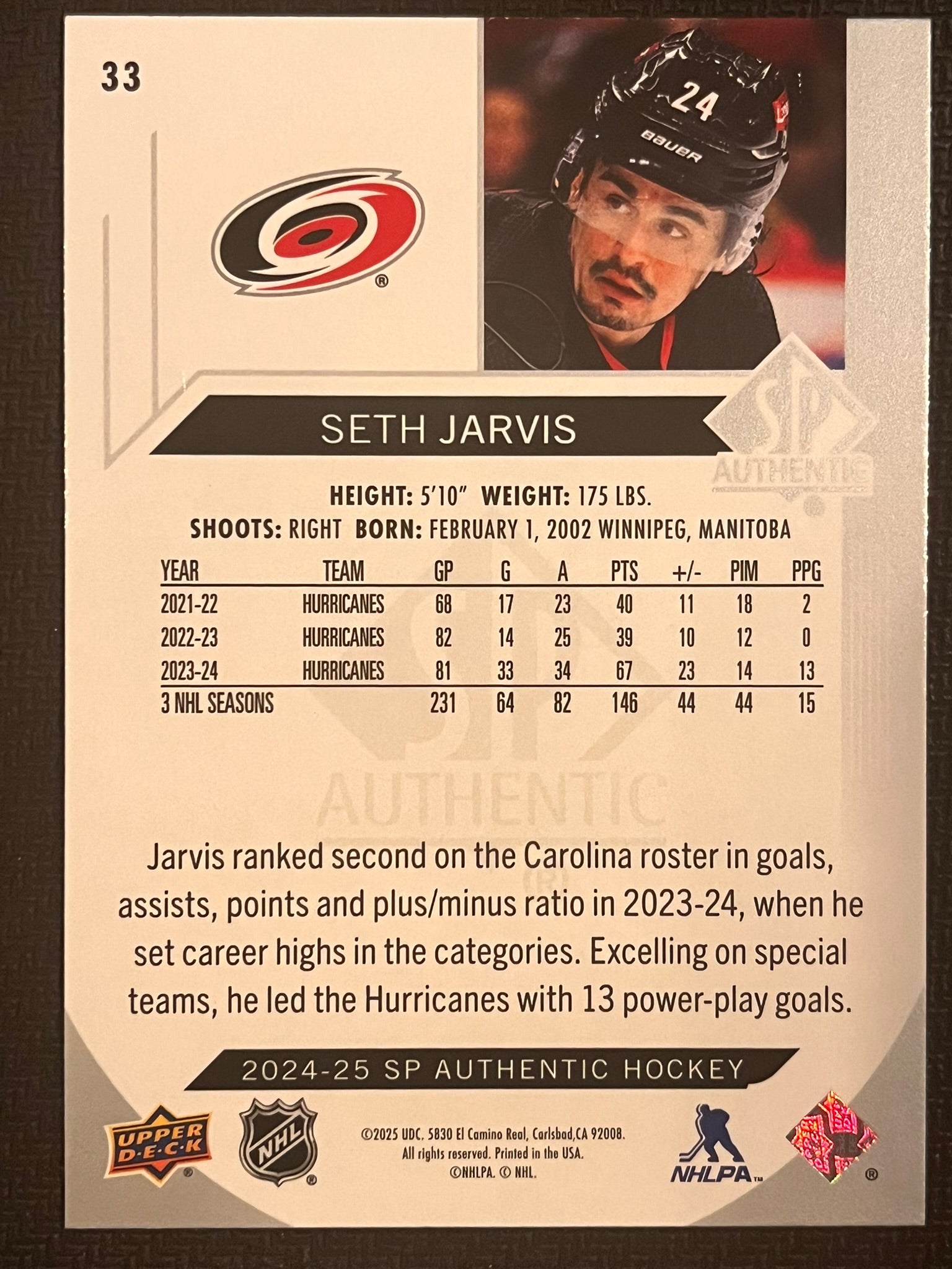 2024 - 2025 SP Authentic Hockey #33 - Seth Jarvis