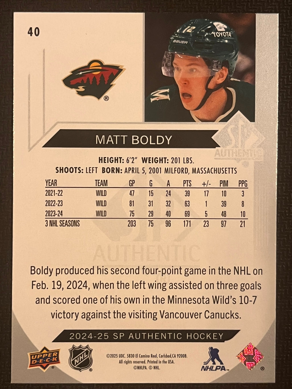 2024 - 2025 SP Authentic Hockey #40 - Matt Boldy