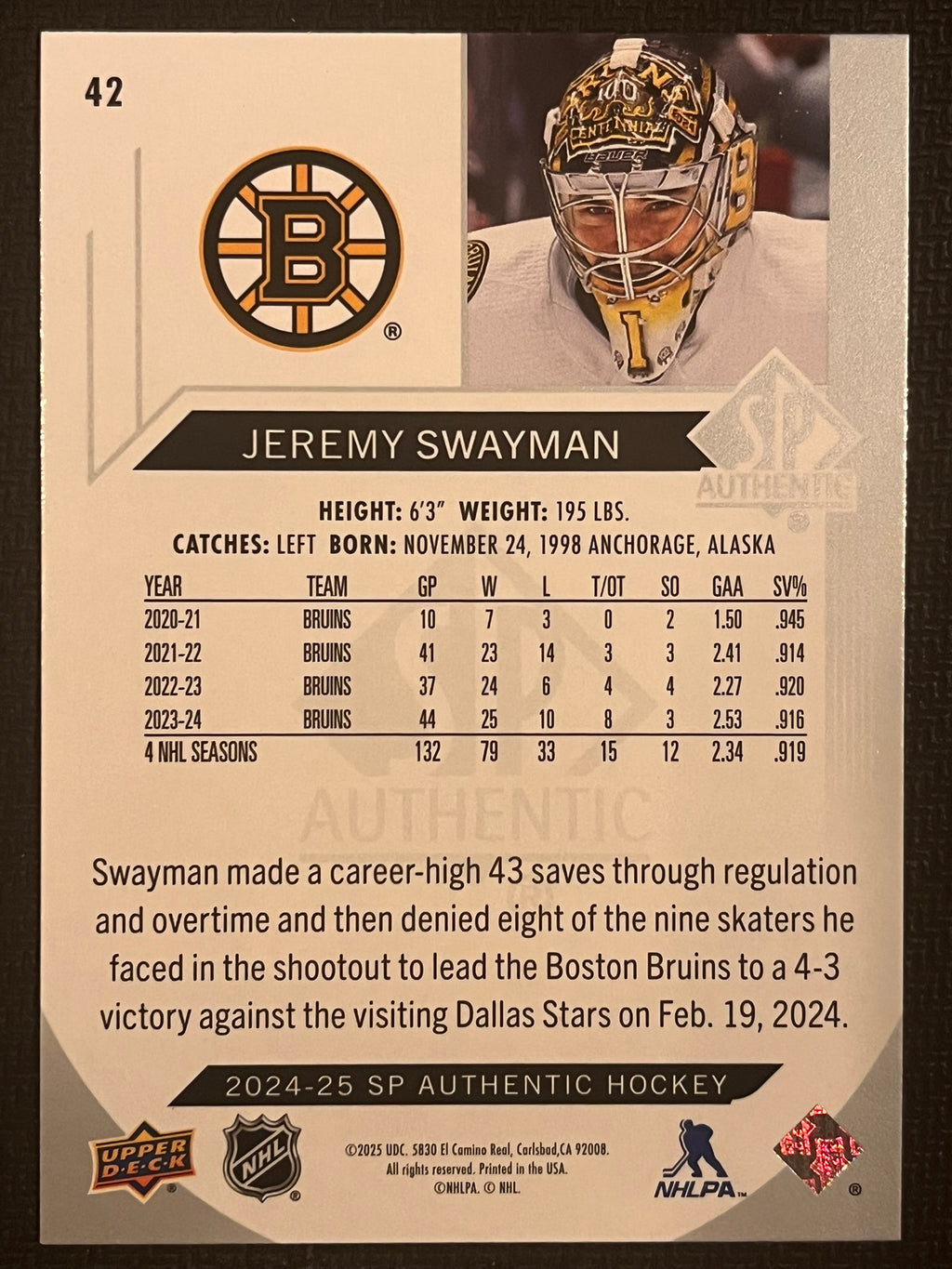 2024 - 2025 SP Authentic Hockey #42 - Jeremy Swayman