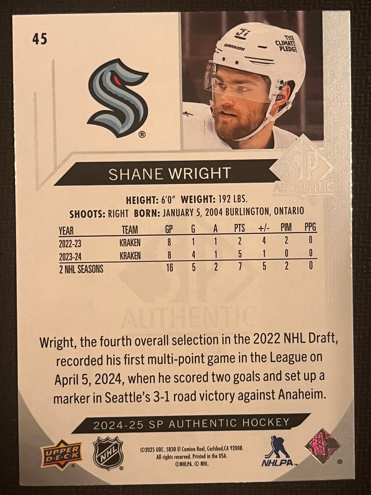 2024 - 2025 SP Authentic Hockey #45 - Shane Wright