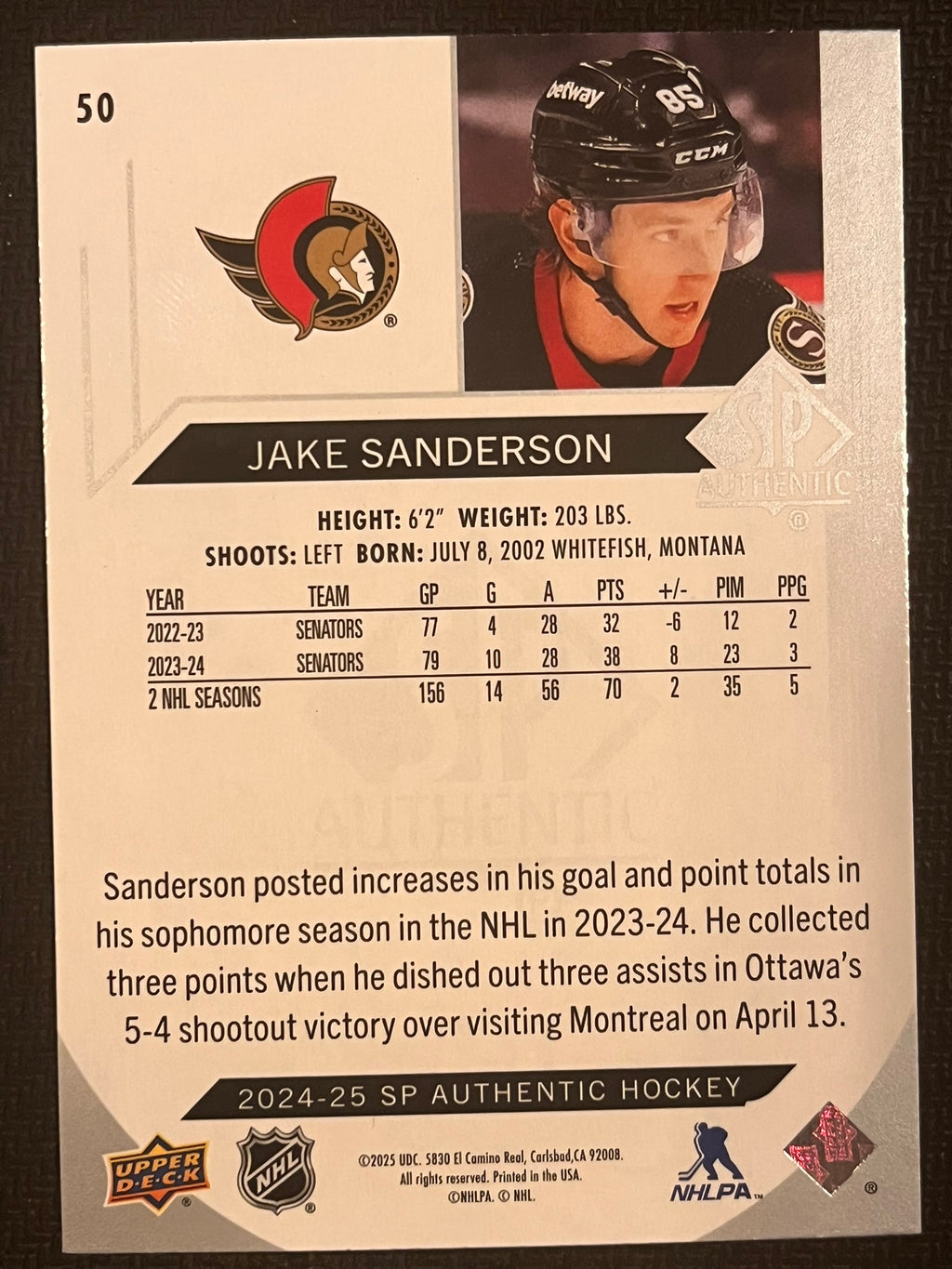 2024 - 2025 SP Authentic Hockey #50 - Jake Sanderson
