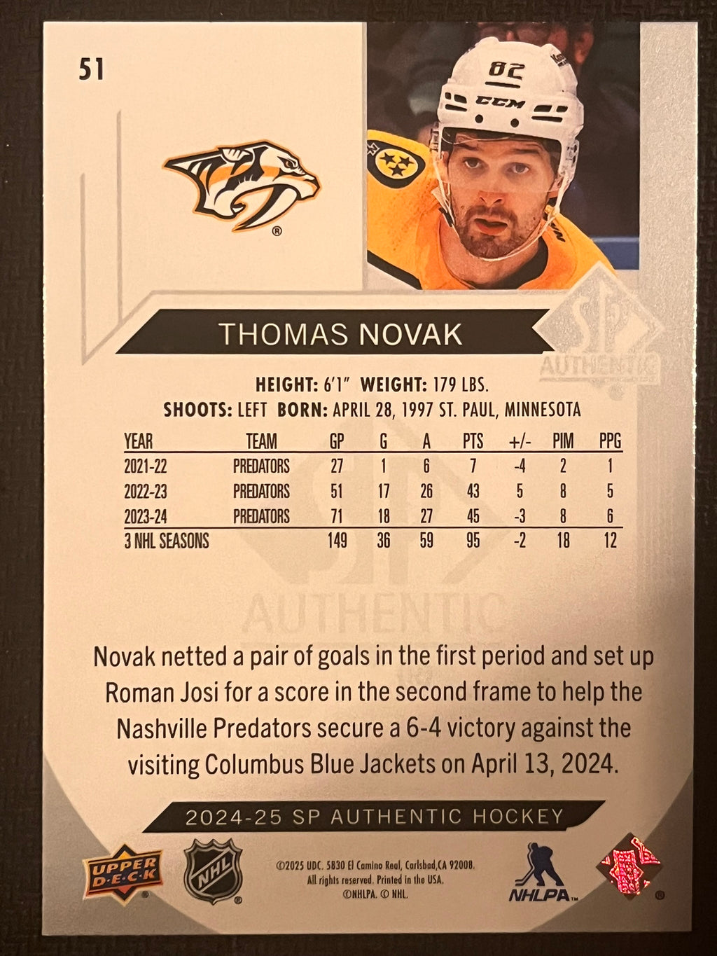 2024 - 2025 SP Authentic Hockey #51 - Thomas Novak