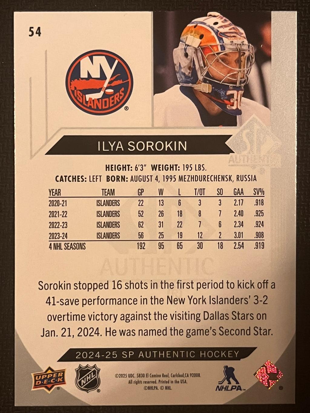 2024 - 2025 SP Authentic Hockey #54 - Ilya Sorokin