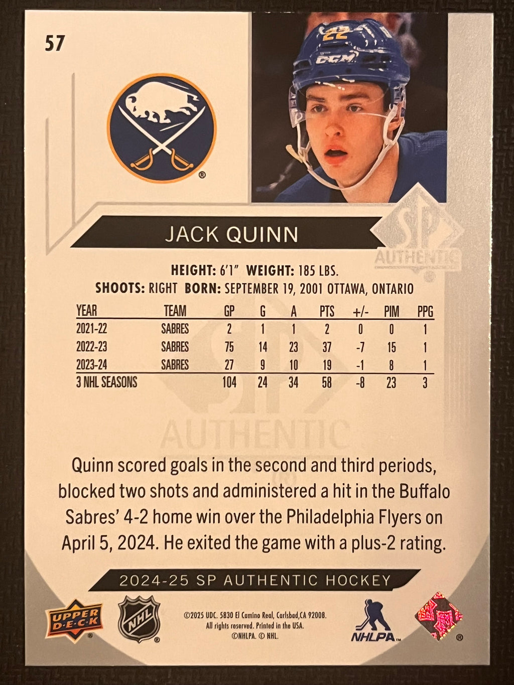 2024 - 2025 SP Authentic Hockey #57 - Jack Quinn