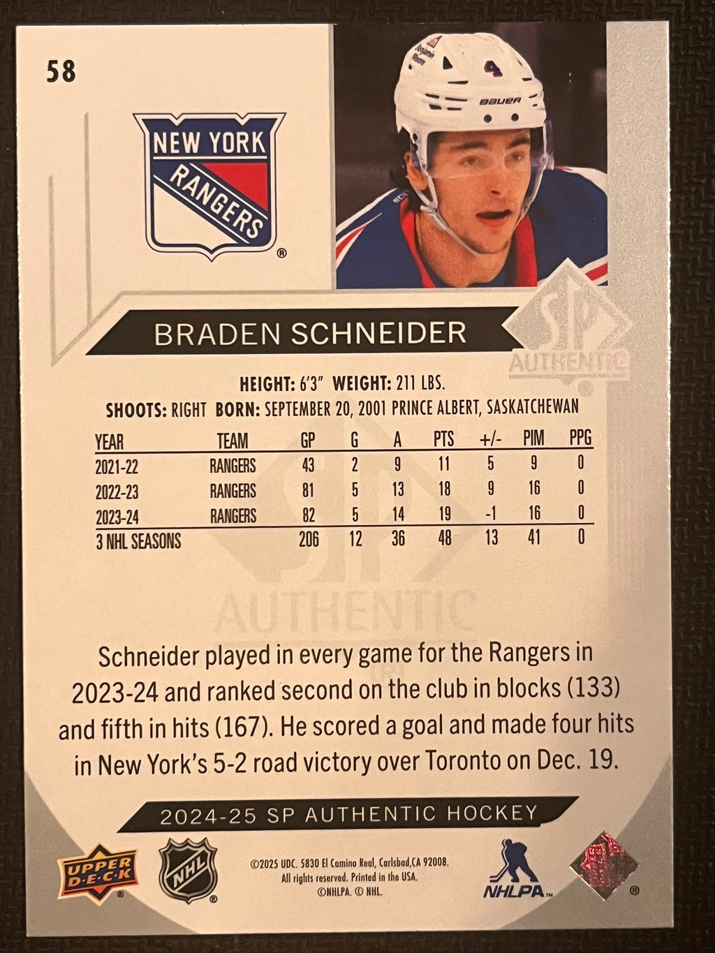 2024 - 2025 SP Authentic Hockey #58 - Braden Schneider