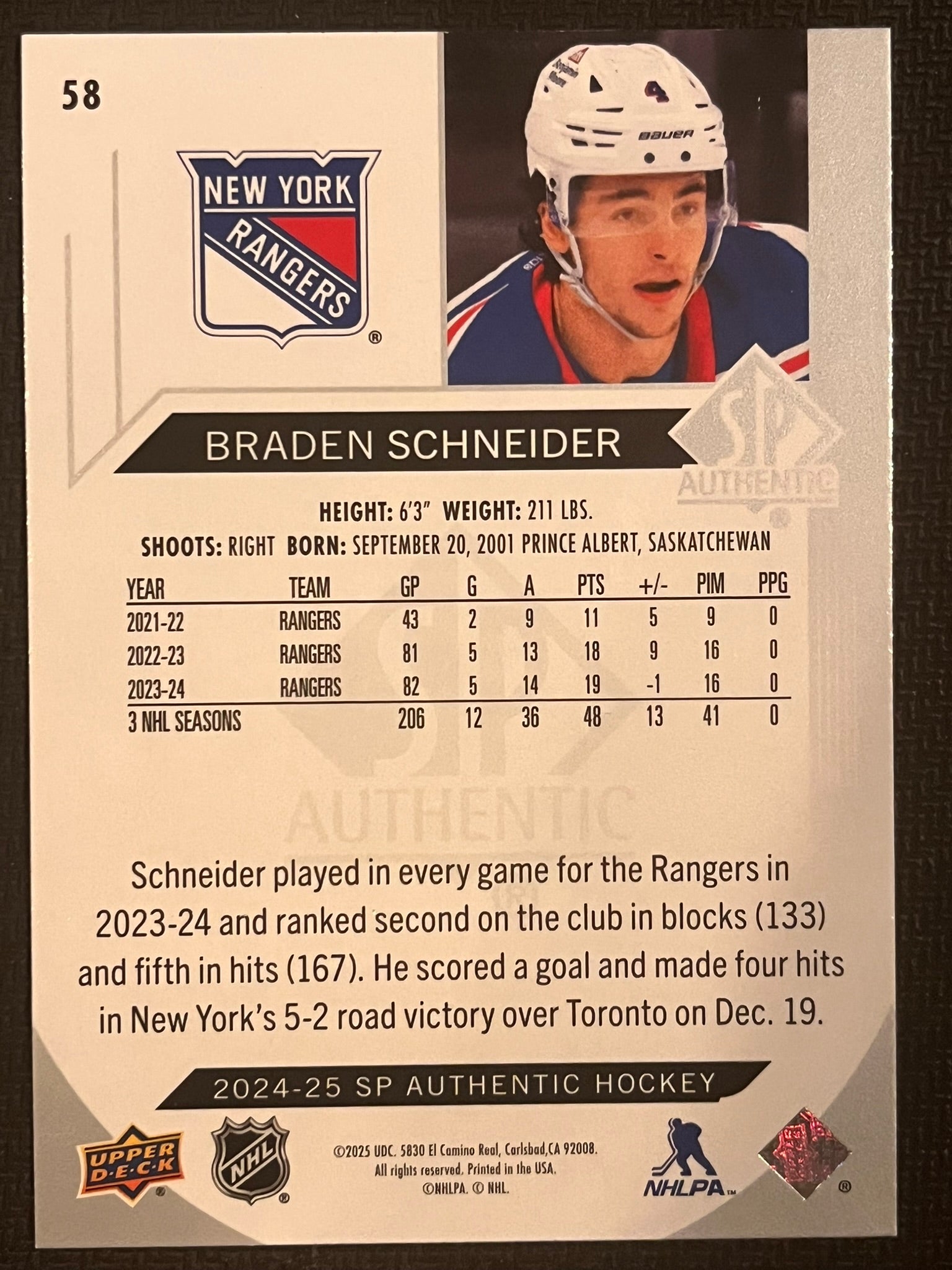 2024 - 2025 SP Authentic Hockey #58 - Braden Schneider