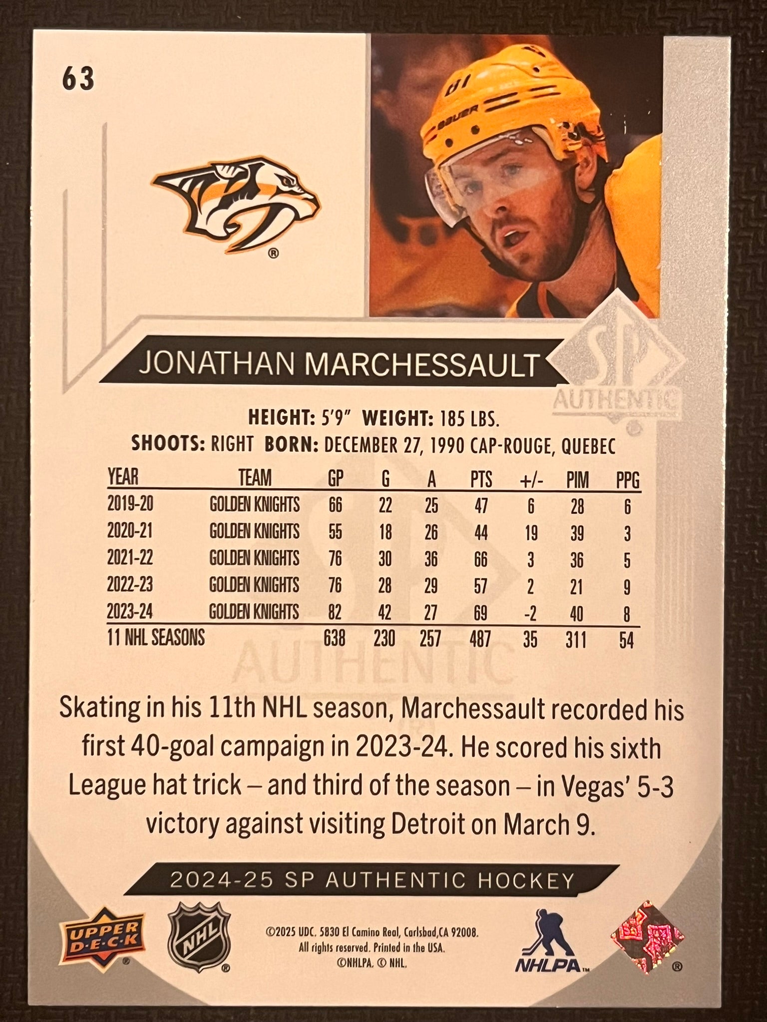 2024 - 2025 SP Authentic Hockey #63 - Jonathan Marchessault