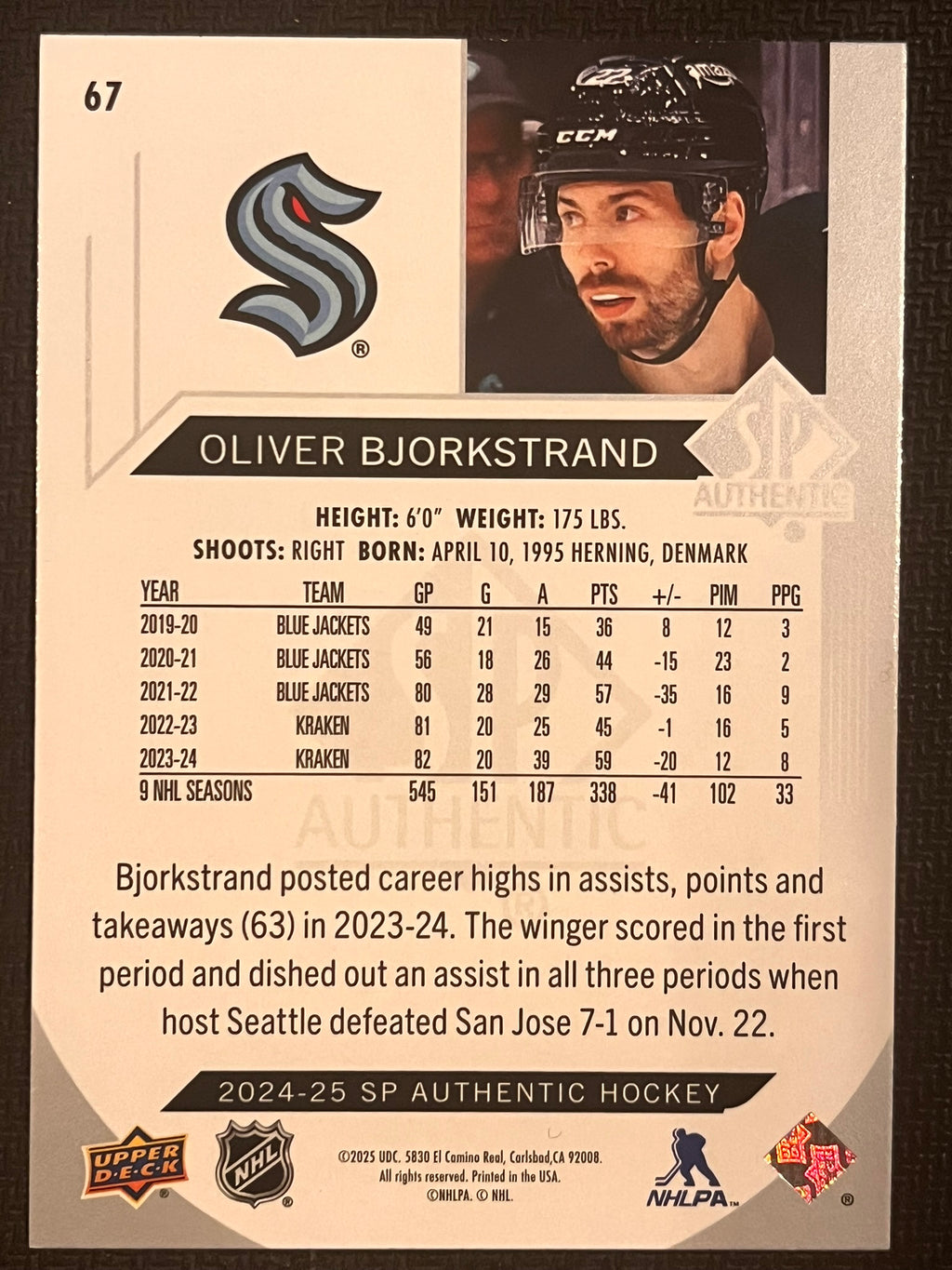 2024 - 2025 SP Authentic Hockey #67 - Oliver Bjorkstrand