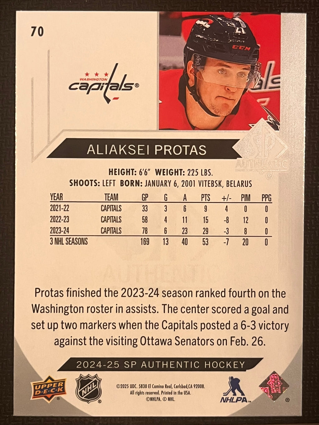 2024 - 2025 SP Authentic Hockey #70 - Aliaksei Protas