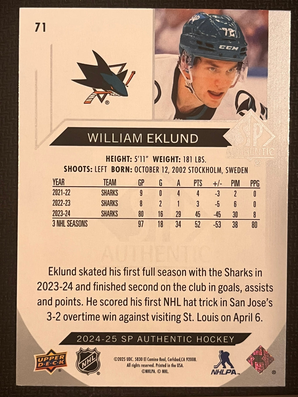 2024 - 2025 SP Authentic Hockey #71 - William Eklund