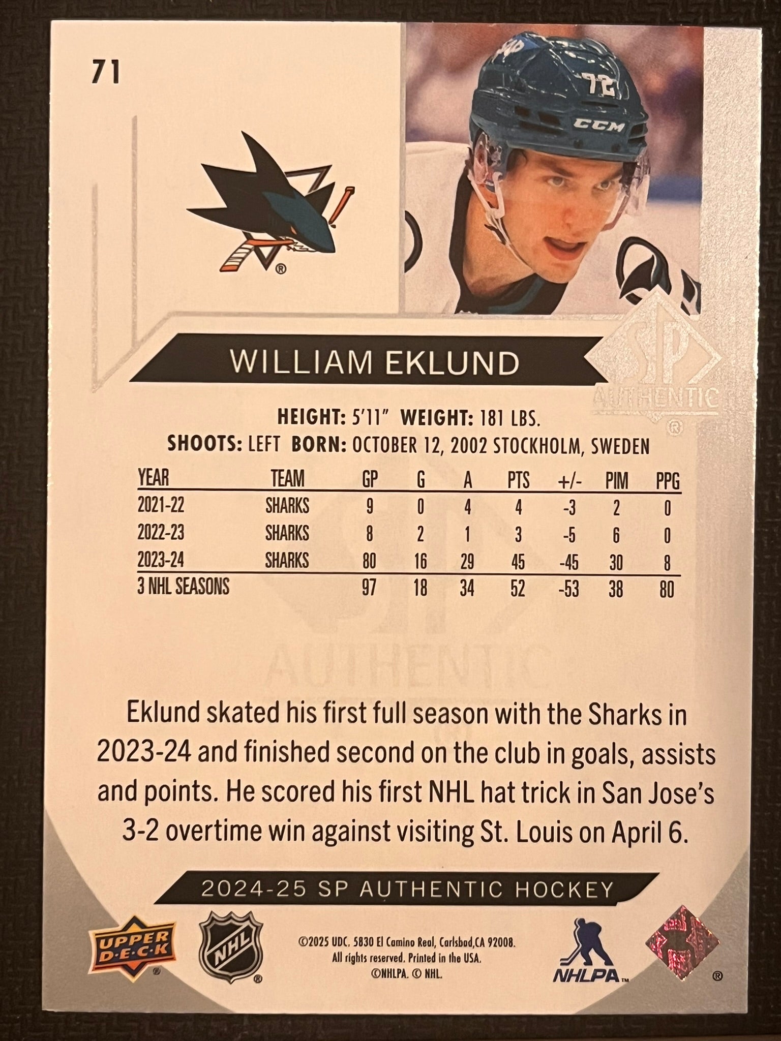 2024 - 2025 SP Authentic Hockey #71 - William Eklund