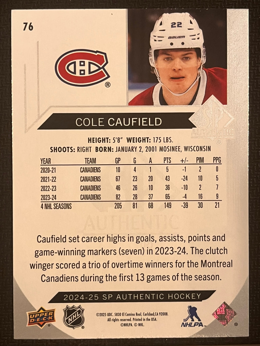 2024 - 2025 SP Authentic Hockey #76 - Cole Caufield