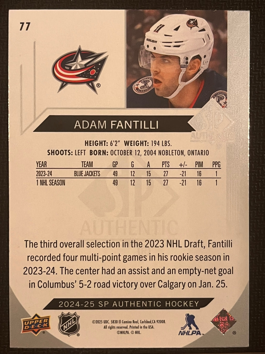 2024 - 2025 SP Authentic Hockey #77 - Adam Fantilli