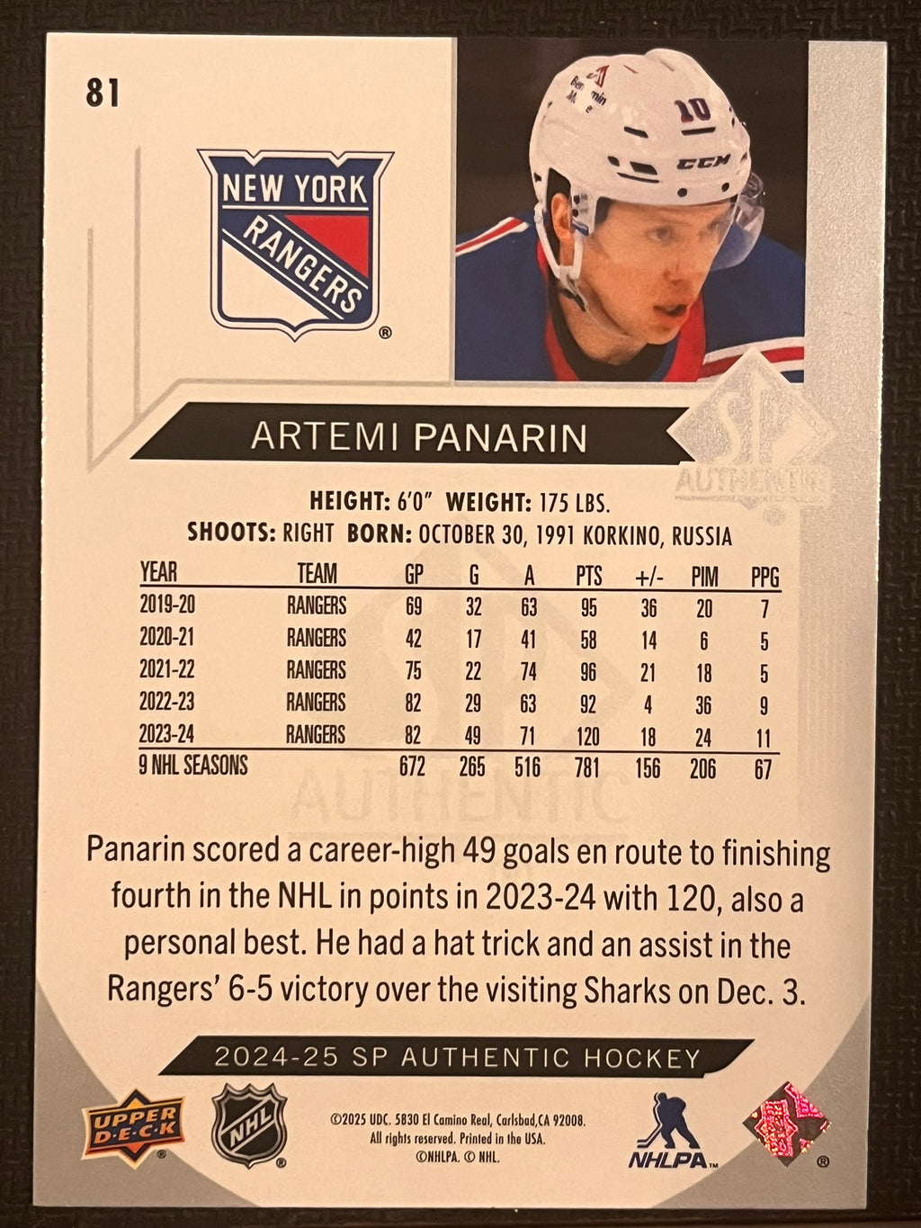 2024 - 2025 SP Authentic Hockey #81 - Artemi Panarin