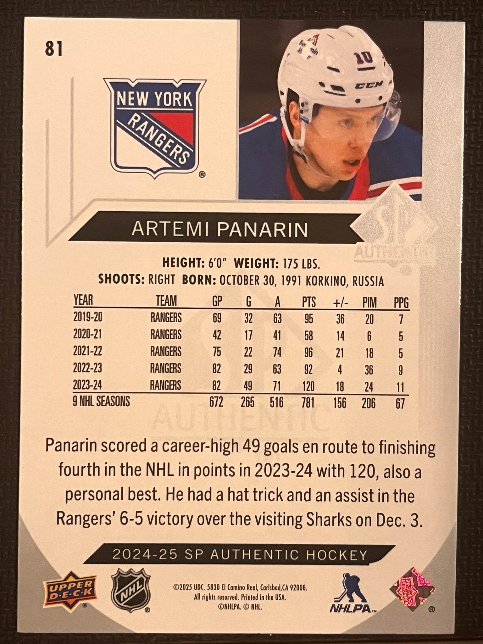 2024 - 2025 SP Authentic Hockey #81 - Artemi Panarin