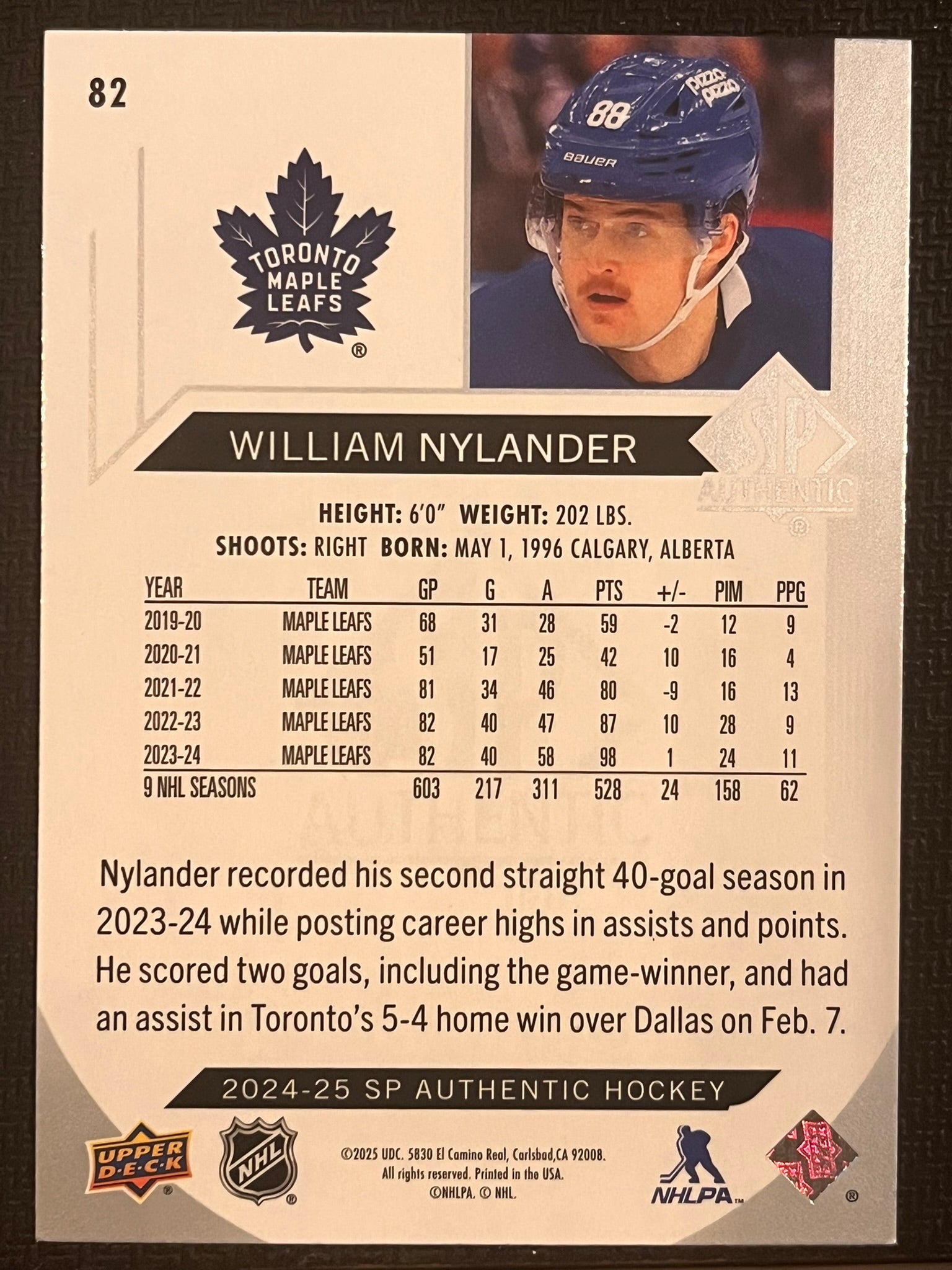 2024 - 2025 SP Authentic Hockey #82 - William Nylander