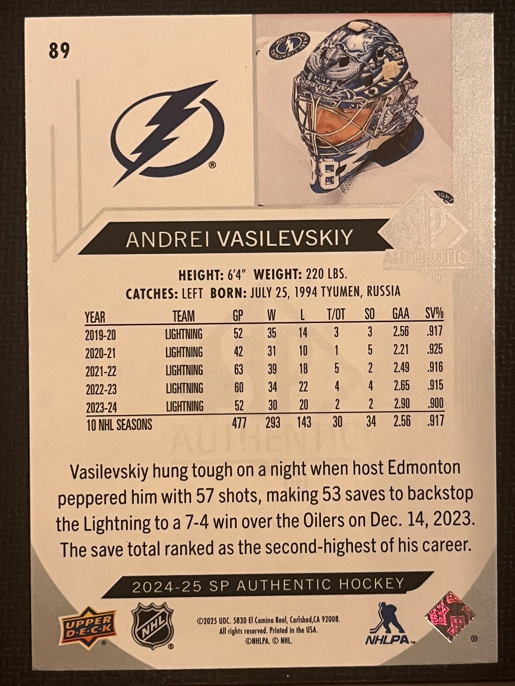 2024 - 2025 SP Authentic Hockey #89 - Andrei Vasilevskiy