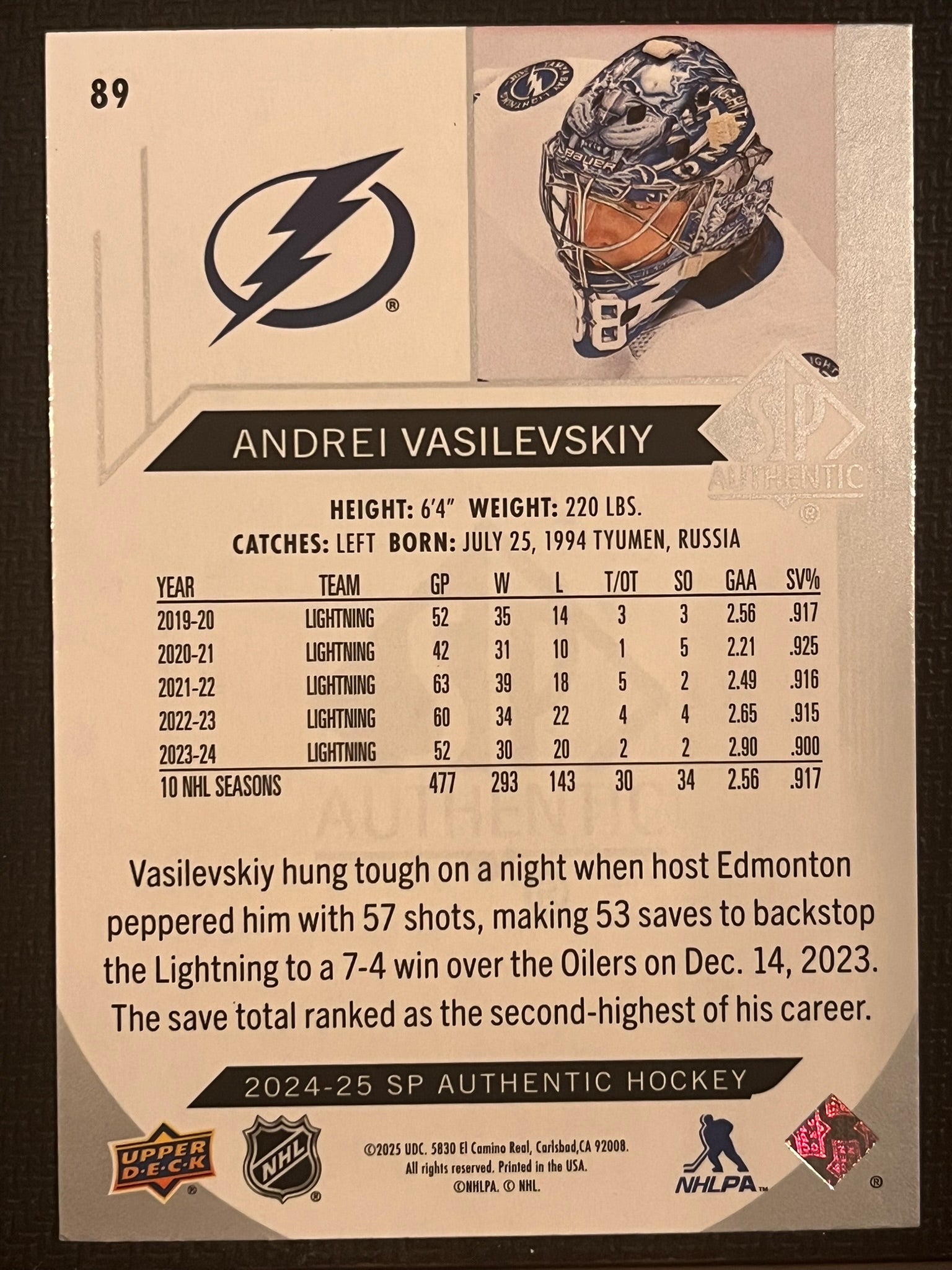 2024 - 2025 SP Authentic Hockey #89 - Andrei Vasilevskiy