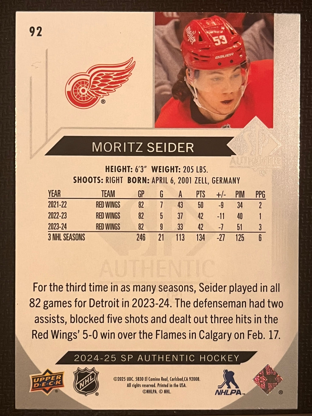 2024 - 2025 SP Authentic Hockey #92 - Moritz Seider