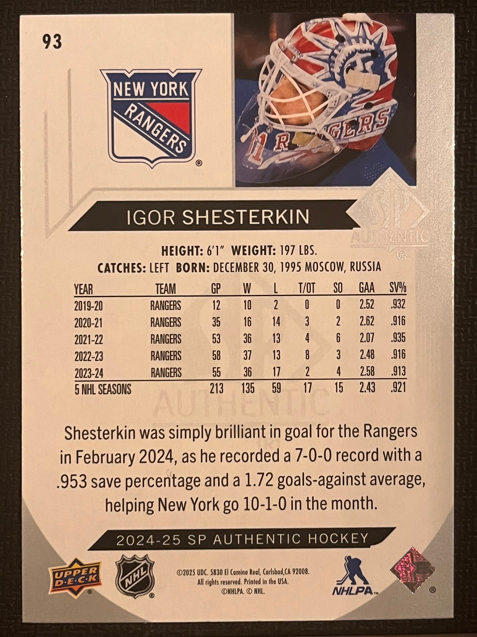 2024 - 2025 SP Authentic Hockey #93 - Igor Shesterkin